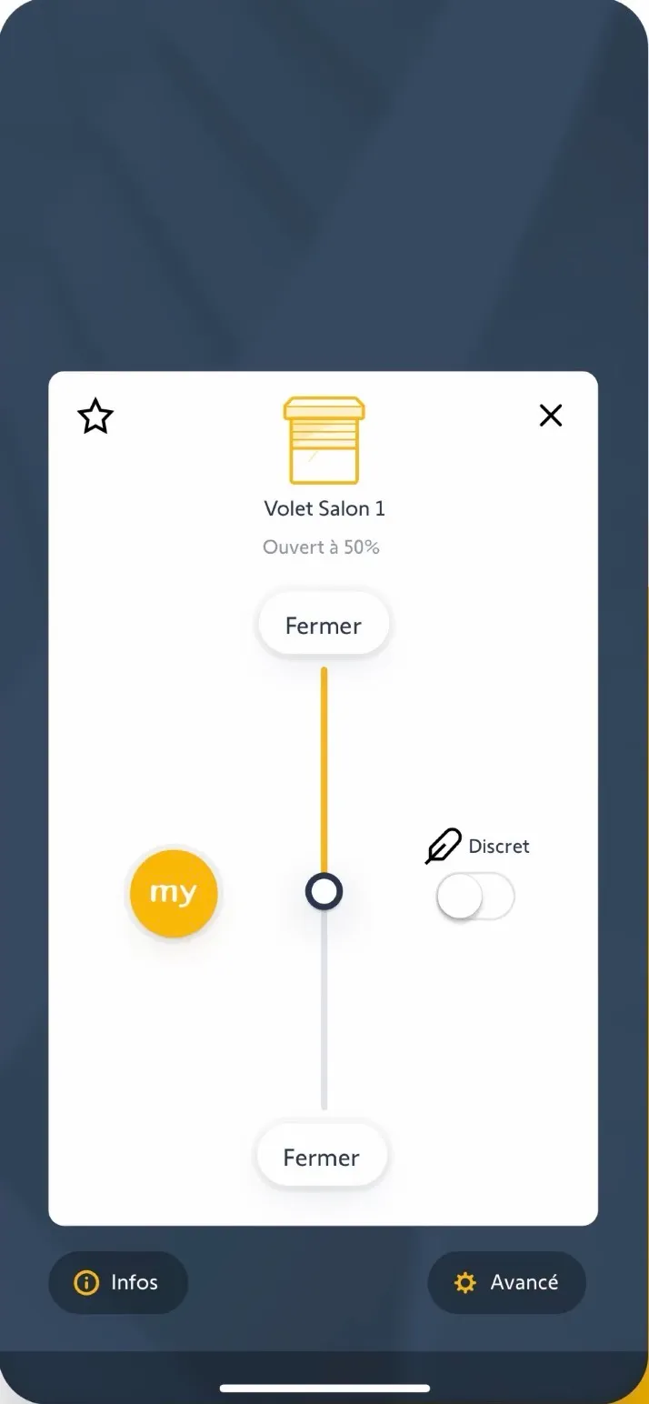 Schermafbeelding van de TaHoma-app: het rolluik “Salon 1”, 50 % open, met zijn schuifknop, de my-toets en de stille modus.